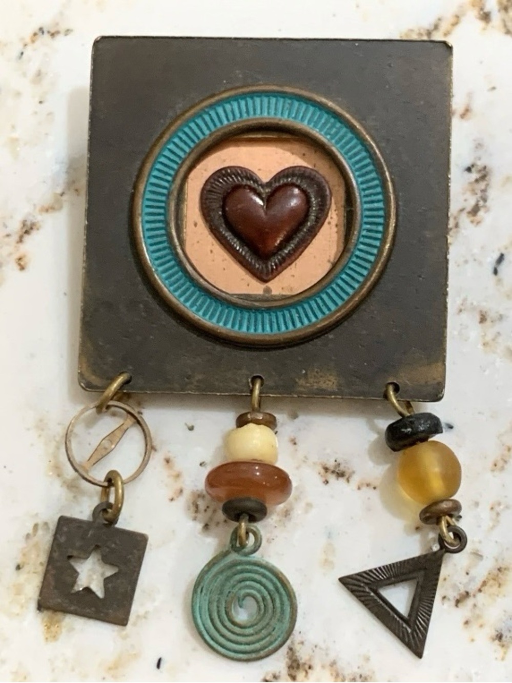 Vintage Handmade Artisan Pin Copper Square Heart  2.5”